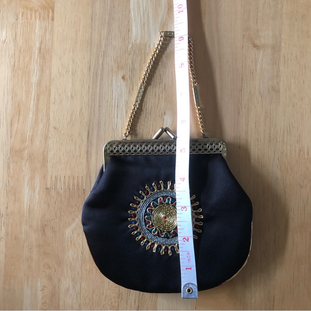Vintage Black satin Embroidered front small purse clutch with gold chain - Picture 9 of 9